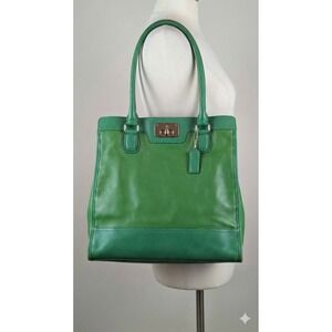 VTG Cole Haan Kelly Green Leather Tote Bag Shoulder Shopper Turnlock Gold Large